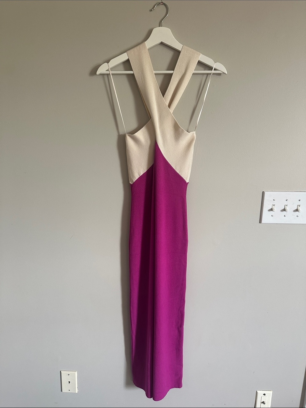 Lush Cream and Fuchsia Crisscross Knit Halter Midi Dress - Picture 10 of 14